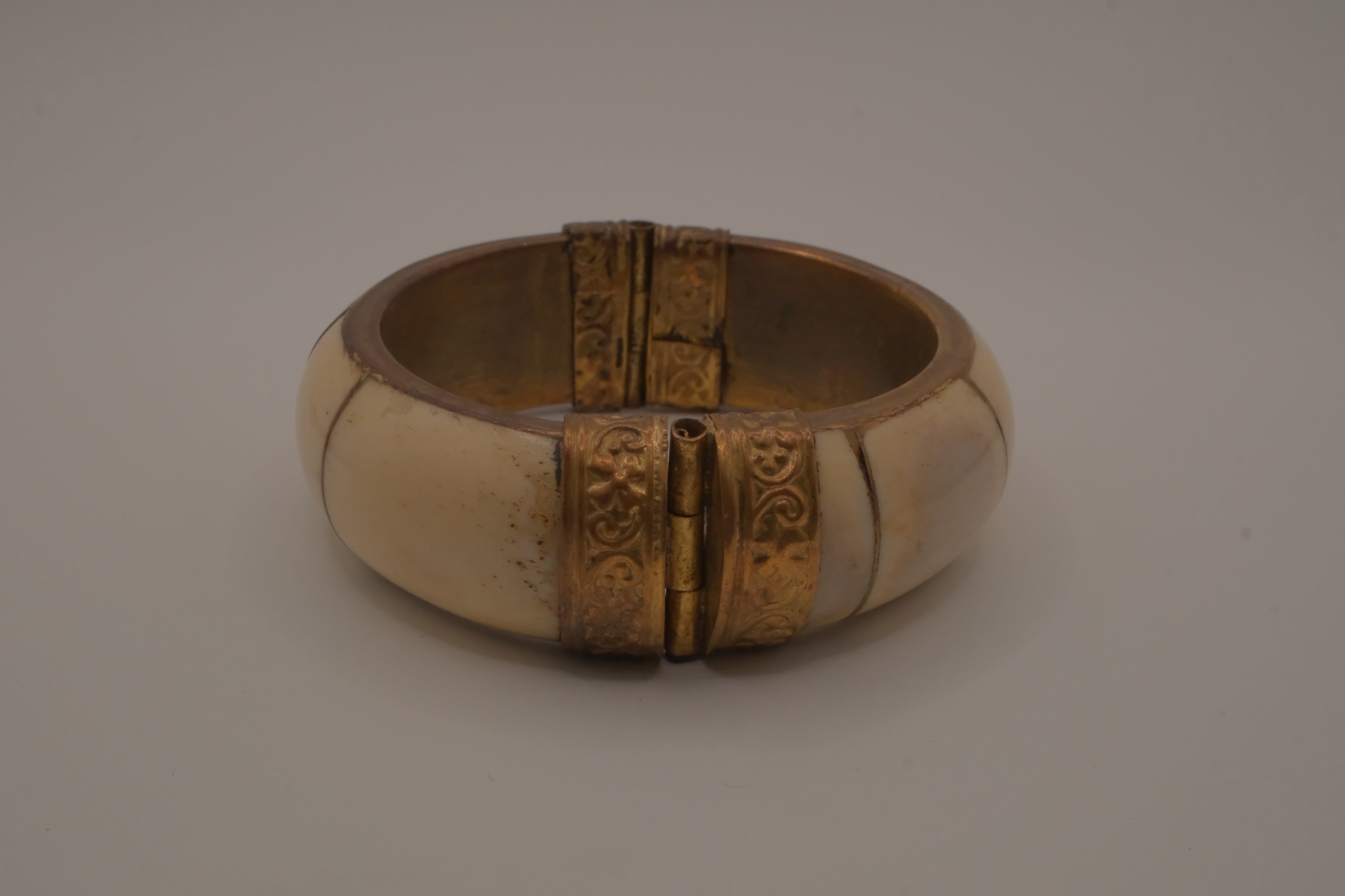 Vintage brass and bone inlay bangle bracelet