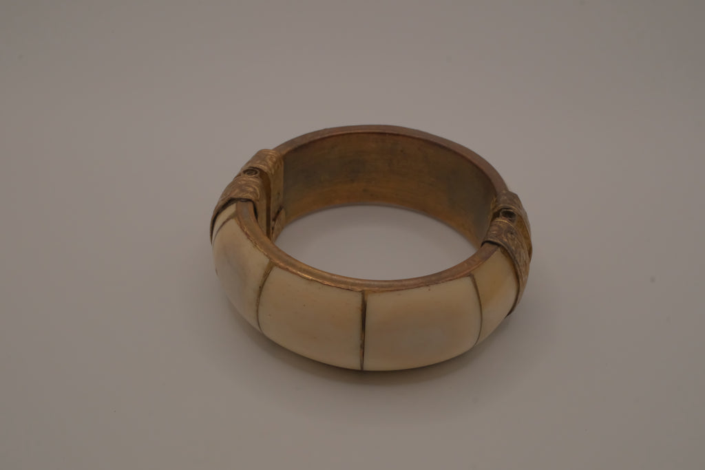 Vintage brass and bone inlay bangle bracelet
