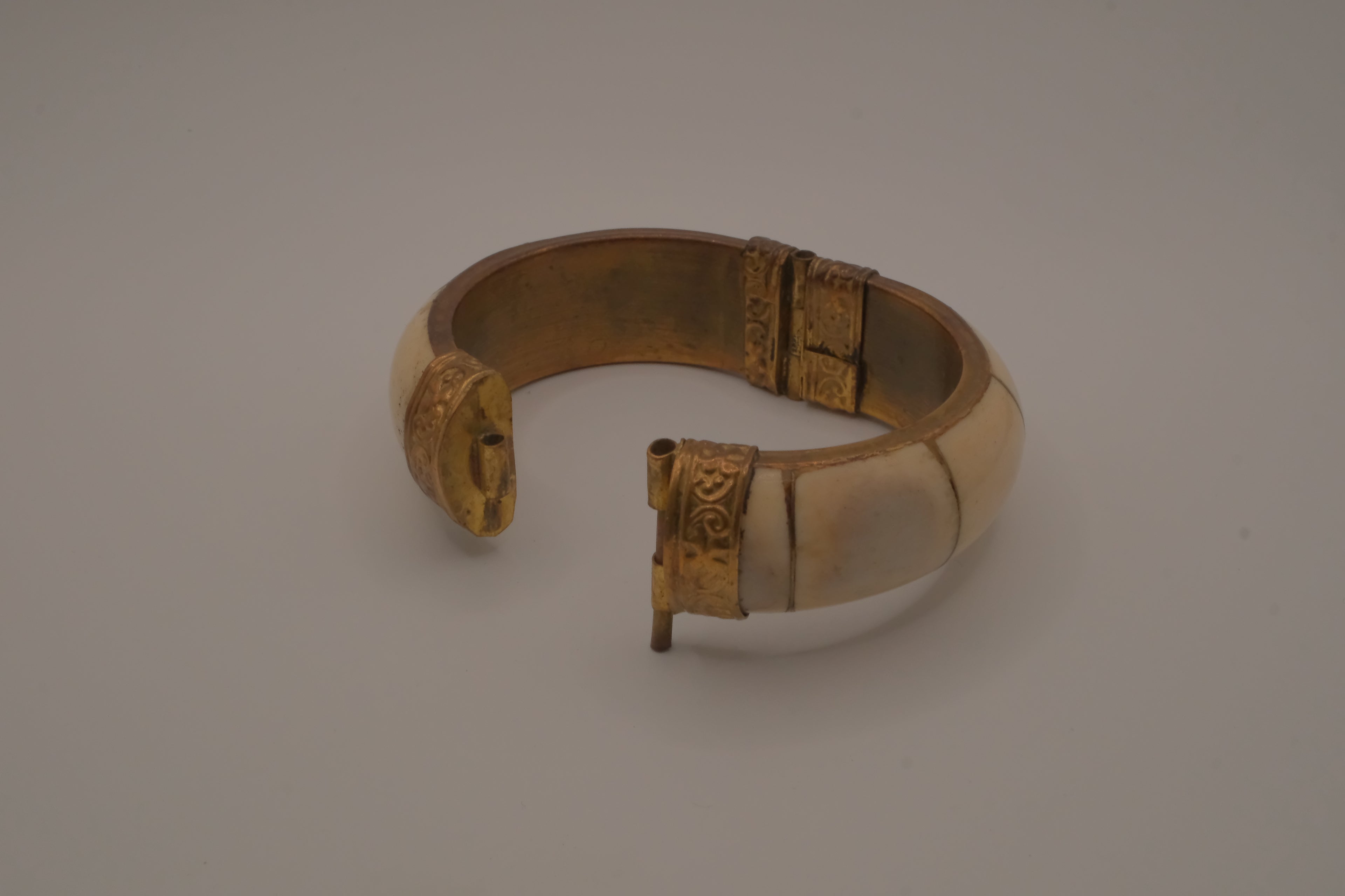 Vintage brass and bone inlay bangle bracelet