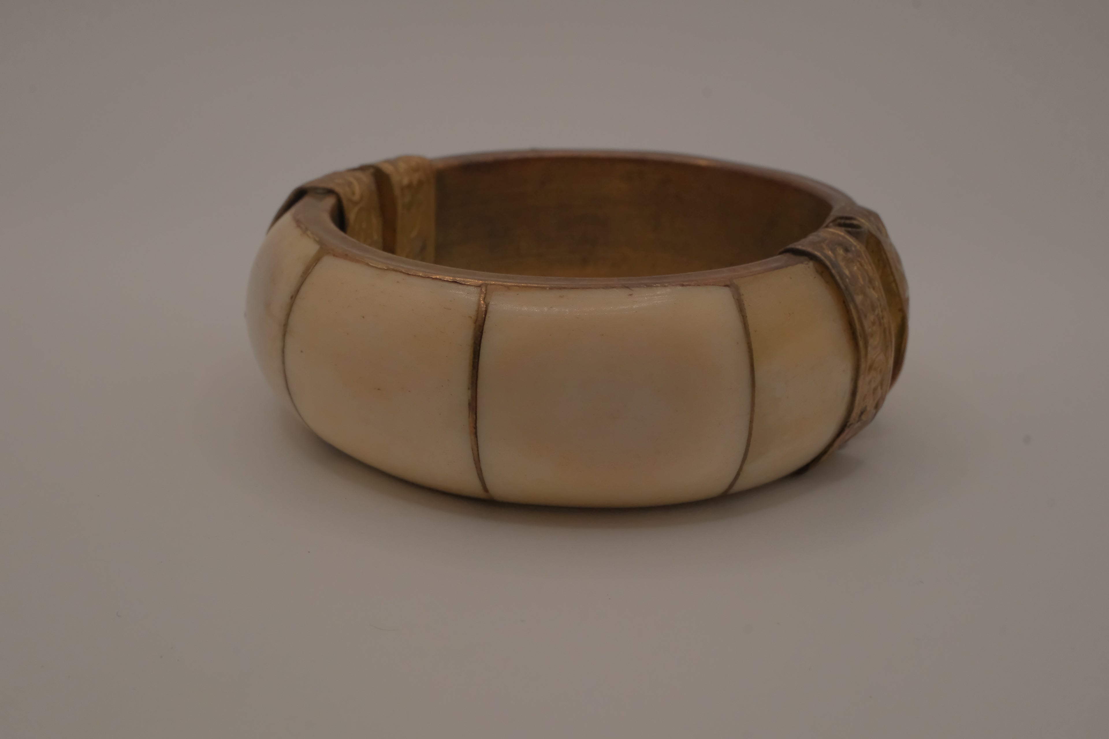 Vintage brass and bone inlay bangle bracelet