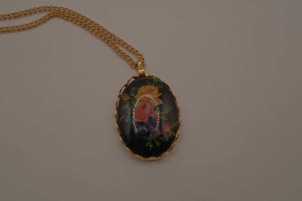 Vintage hand-painted floral black oval cabochon pendant necklace
