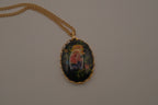 Vintage hand-painted floral black oval cabochon pendant necklace