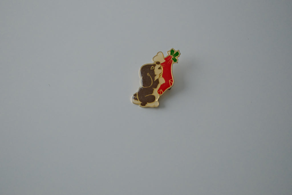 Puppy with Stocking Enamel Brooch
