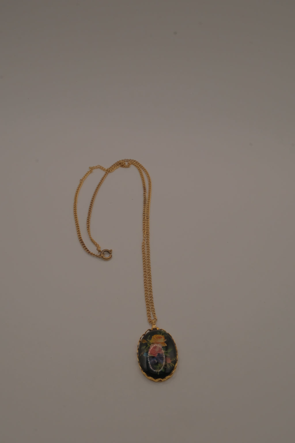 Vintage hand-painted floral black oval cabochon pendant necklace