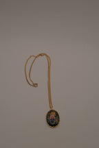 Vintage hand-painted floral black oval cabochon pendant necklace