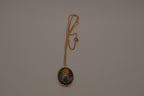 Vintage hand-painted floral black oval cabochon pendant necklace