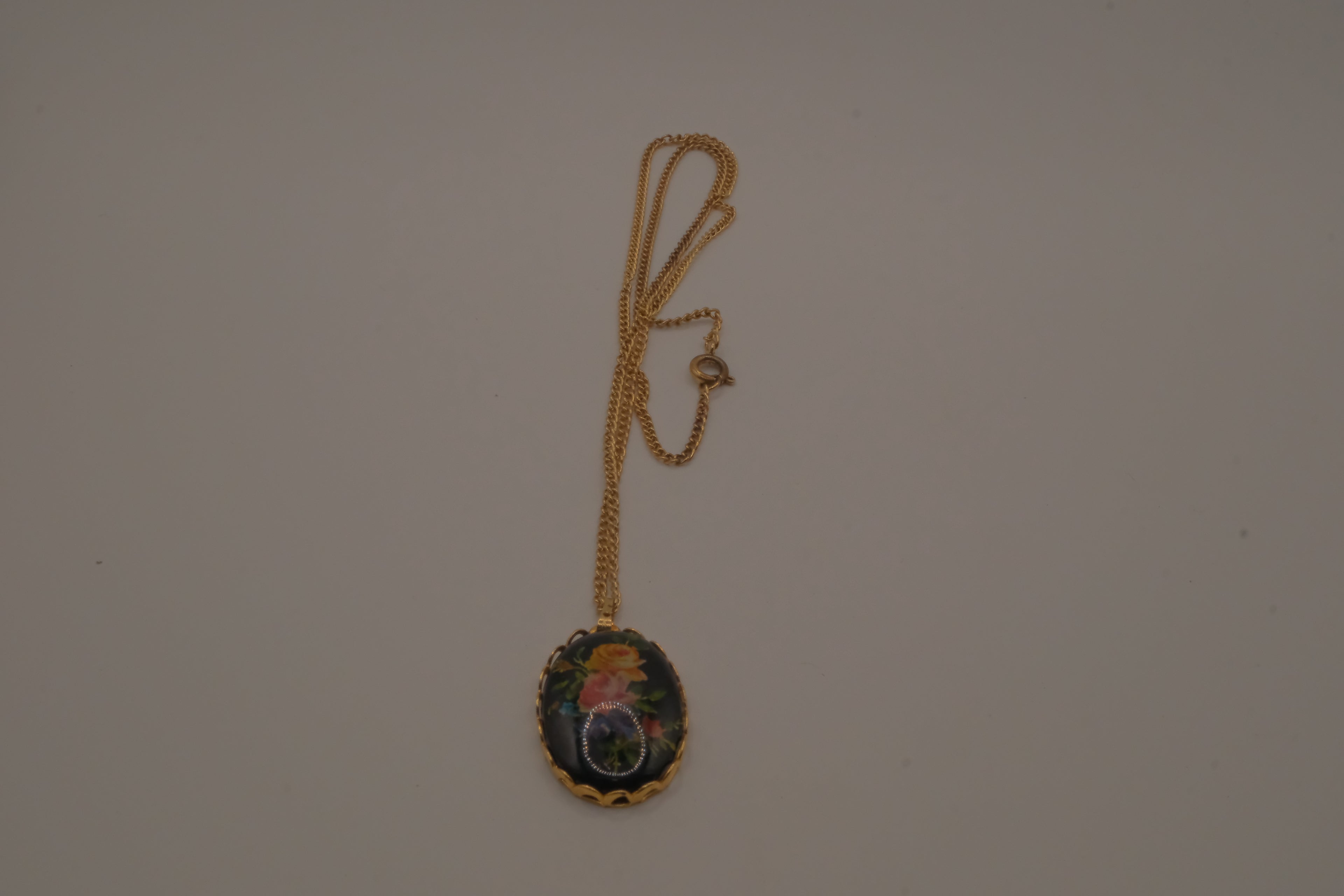 Vintage hand-painted floral black oval cabochon pendant necklace