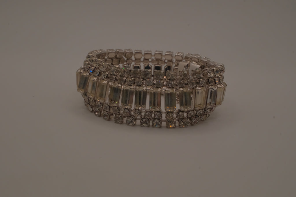 Vintage mid-century clear rhinestone wide statement bracelet