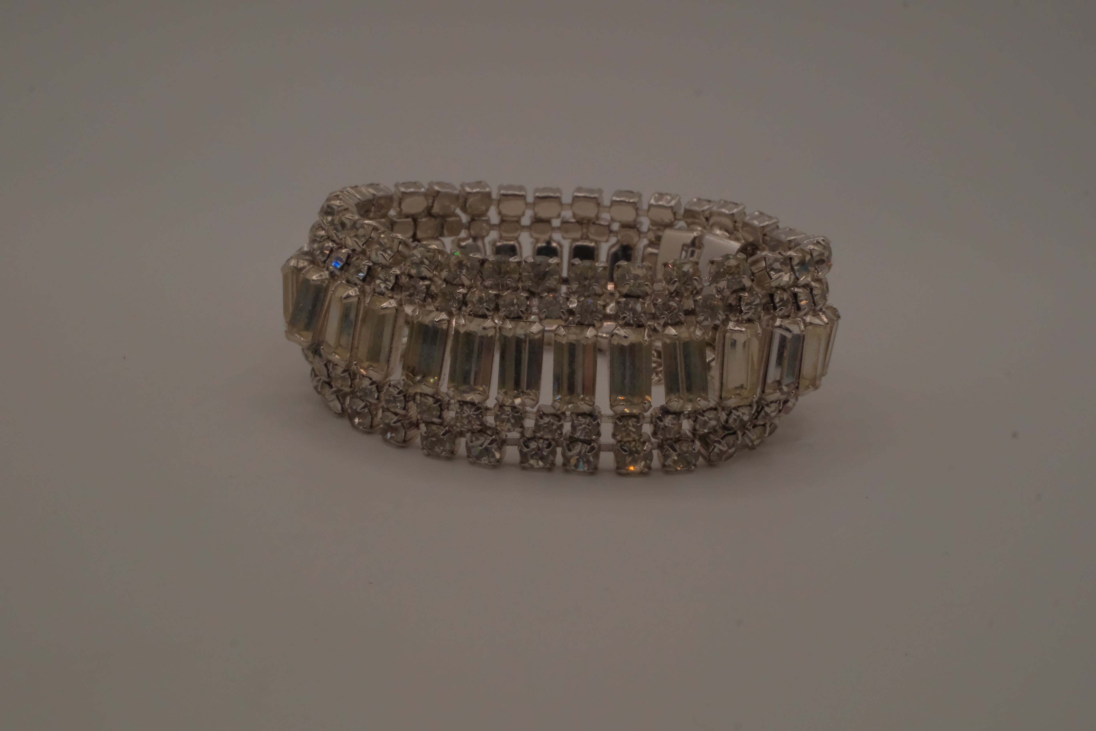 Vintage mid-century clear rhinestone wide statement bracelet