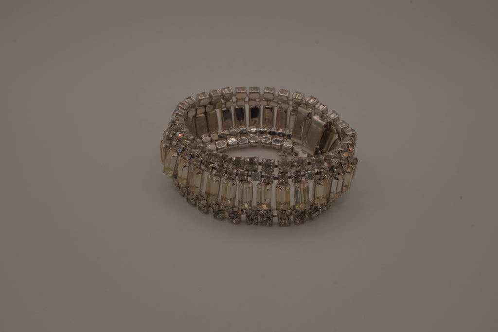 Vintage mid-century clear rhinestone wide statement bracelet