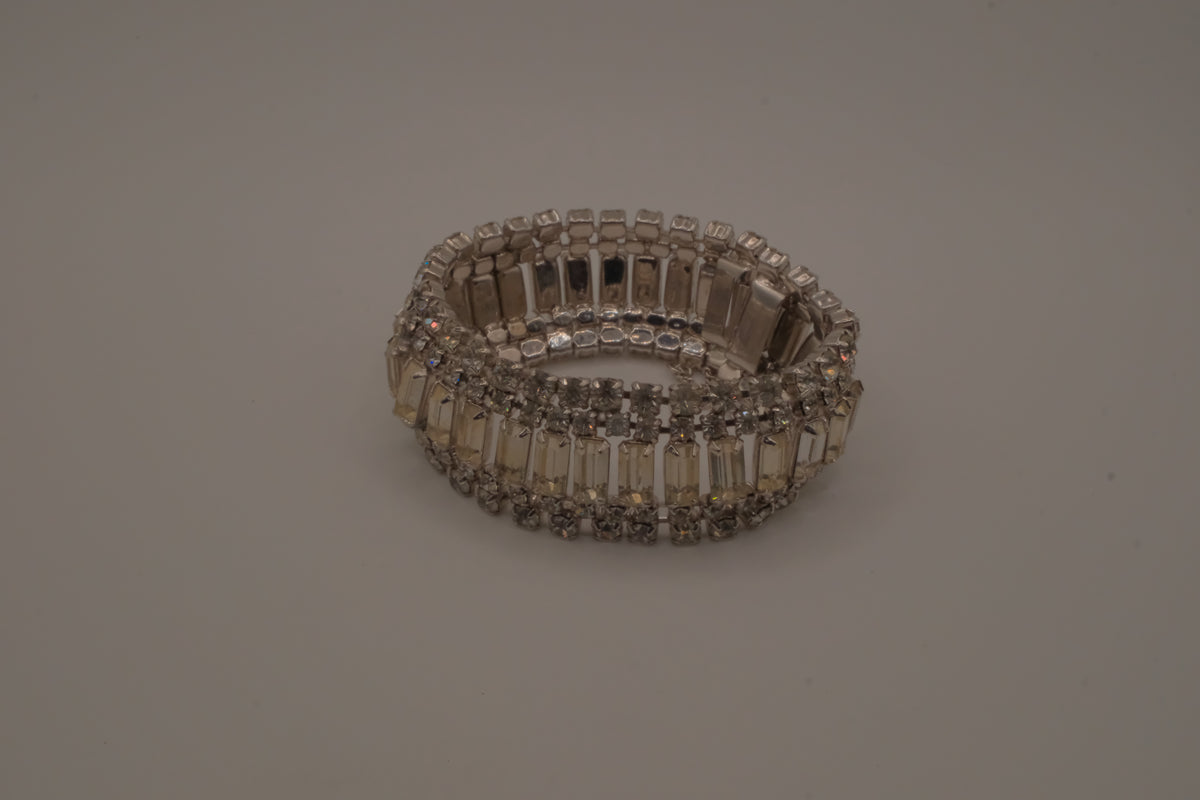Vintage mid-century clear rhinestone wide statement bracelet