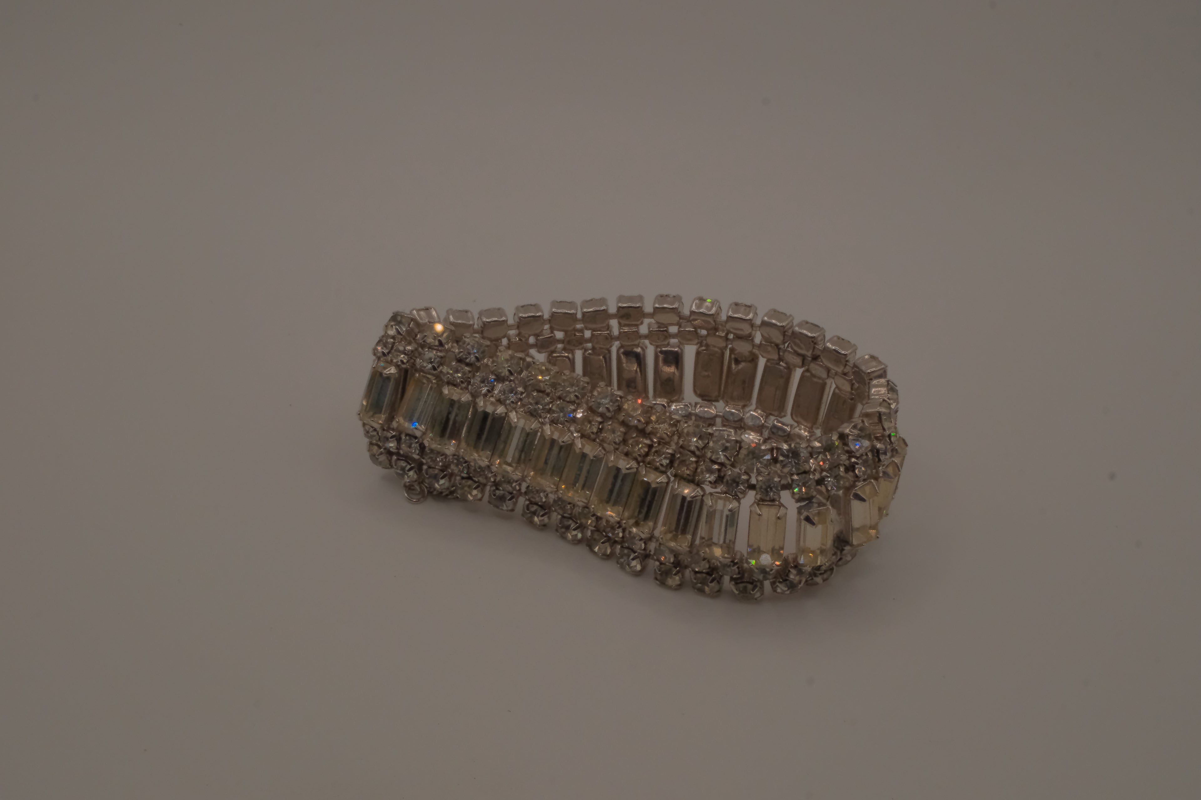 Vintage mid-century clear rhinestone wide statement bracelet