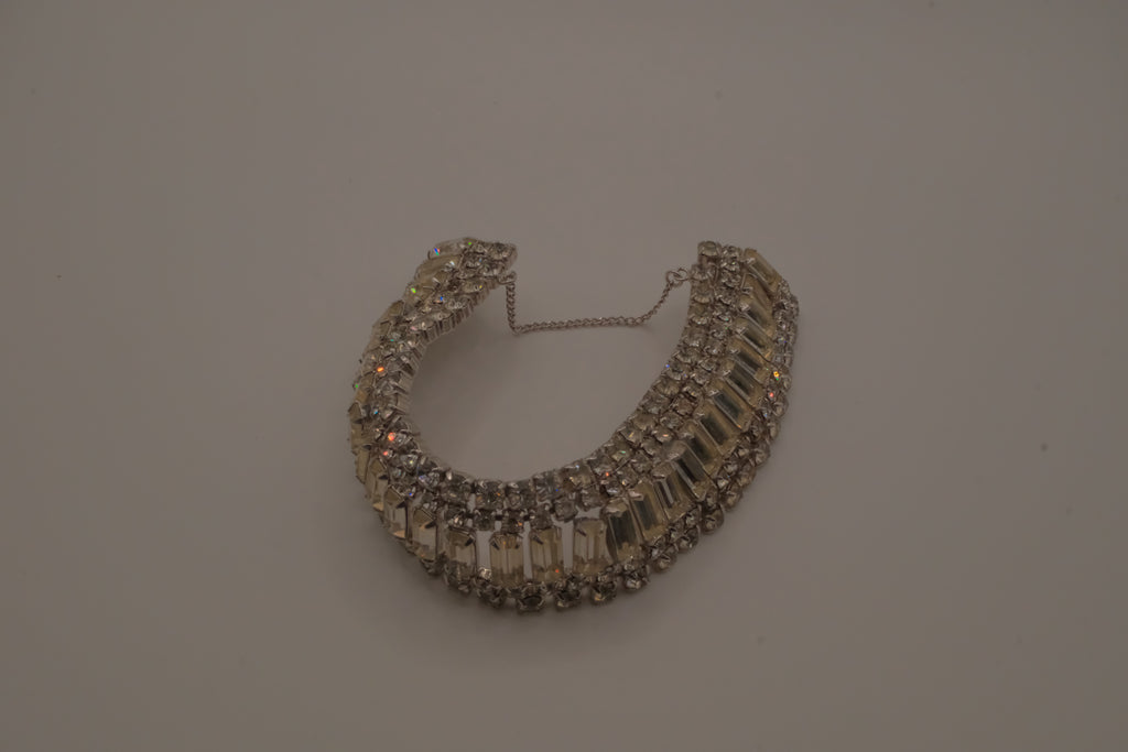 Vintage mid-century clear rhinestone wide statement bracelet
