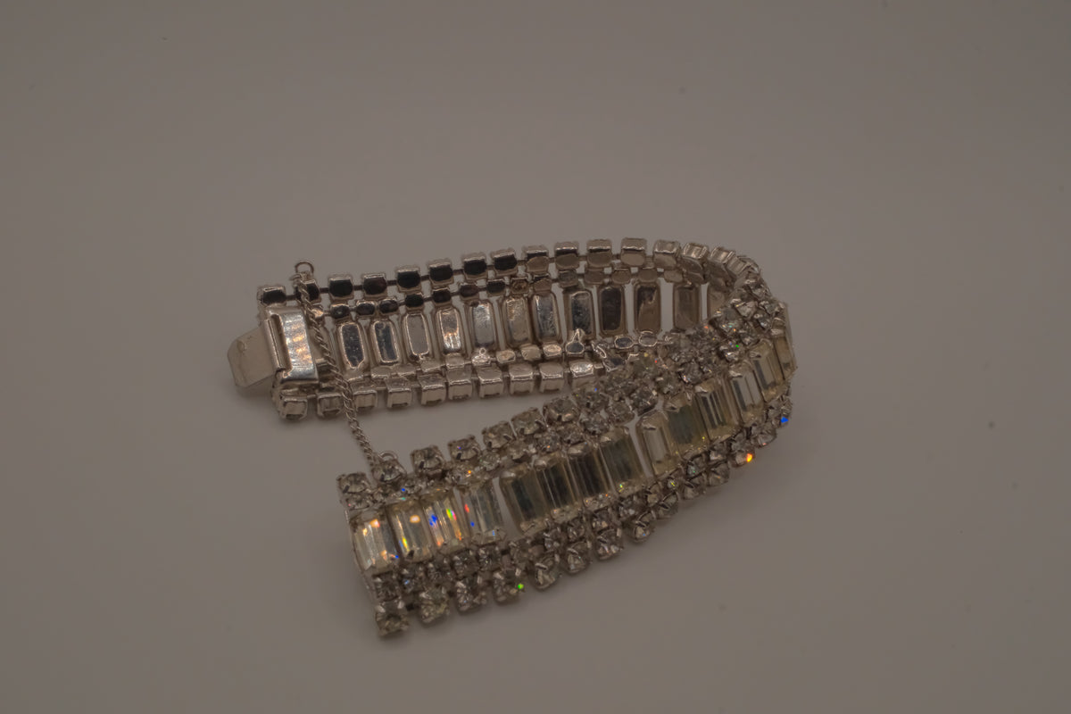 Vintage mid-century clear rhinestone wide statement bracelet