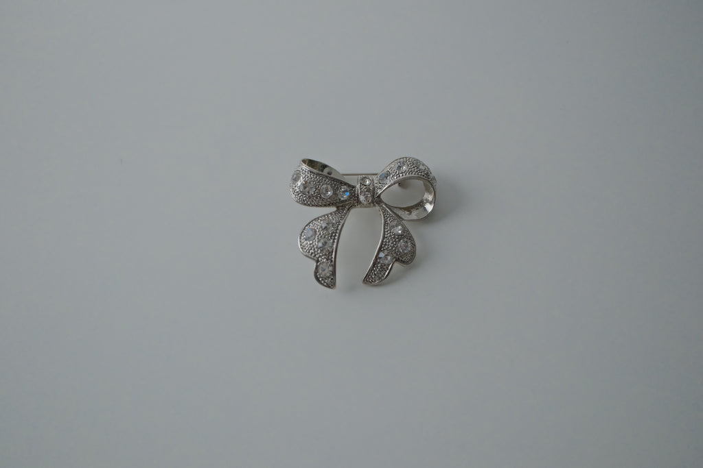 Vintage Silver Rhinestone Bow Brooch