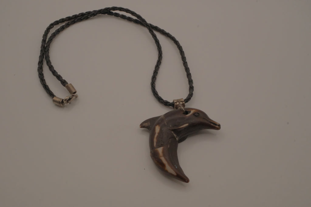 Hand-carved wooden dolphin pendant necklace