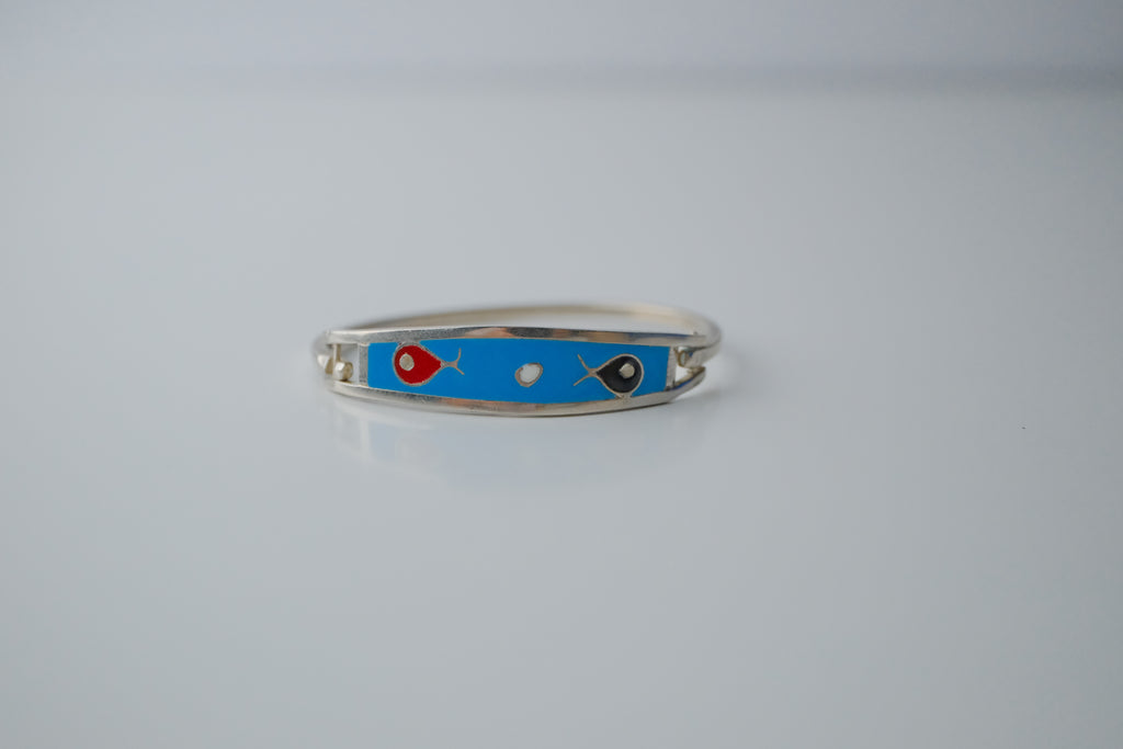 Vintage Sterling Silver Fish Enamel Cuff Bangle