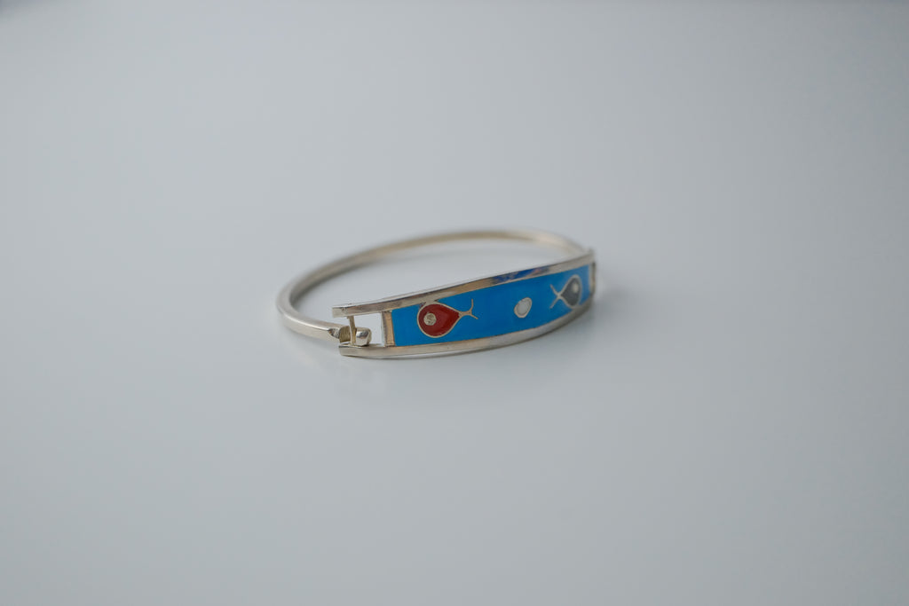 Vintage Sterling Silver Fish Enamel Cuff Bangle