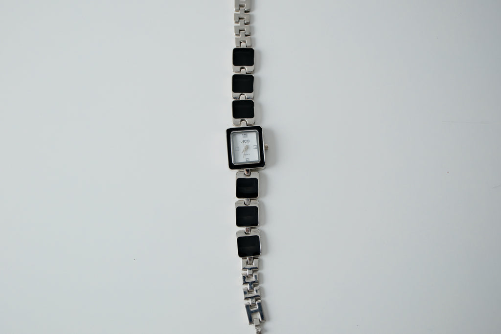 Silver Black Enamel Watch Bracelet