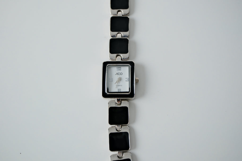 Silver Black Enamel Watch Bracelet
