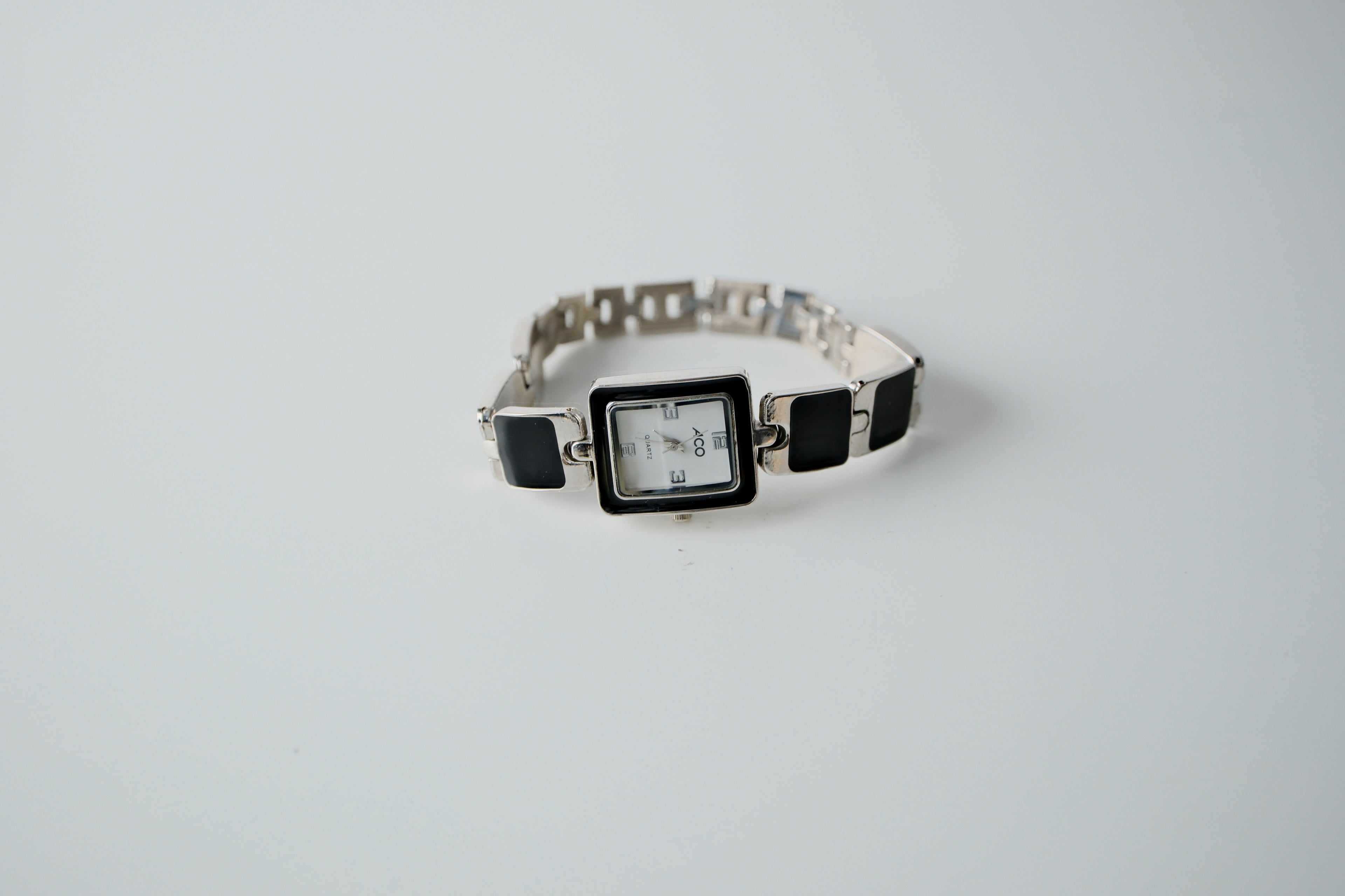 Silver Black Enamel Watch Bracelet