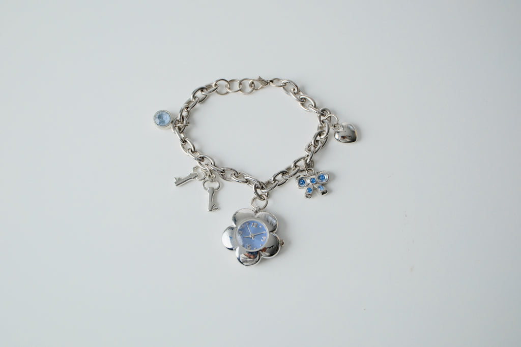 Vintage Silver and Blue Watch Charm Bracelet