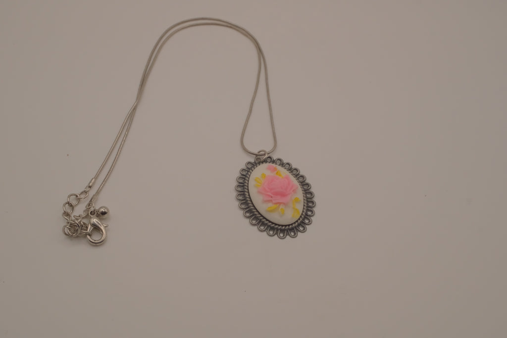 Vintage pink rose cameo necklace