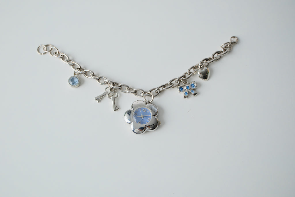 Vintage Silver and Blue Watch Charm Bracelet