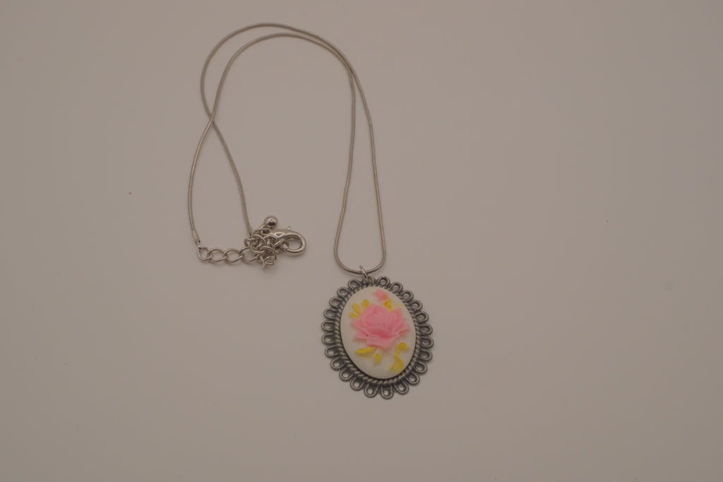 Vintage pink rose cameo necklace