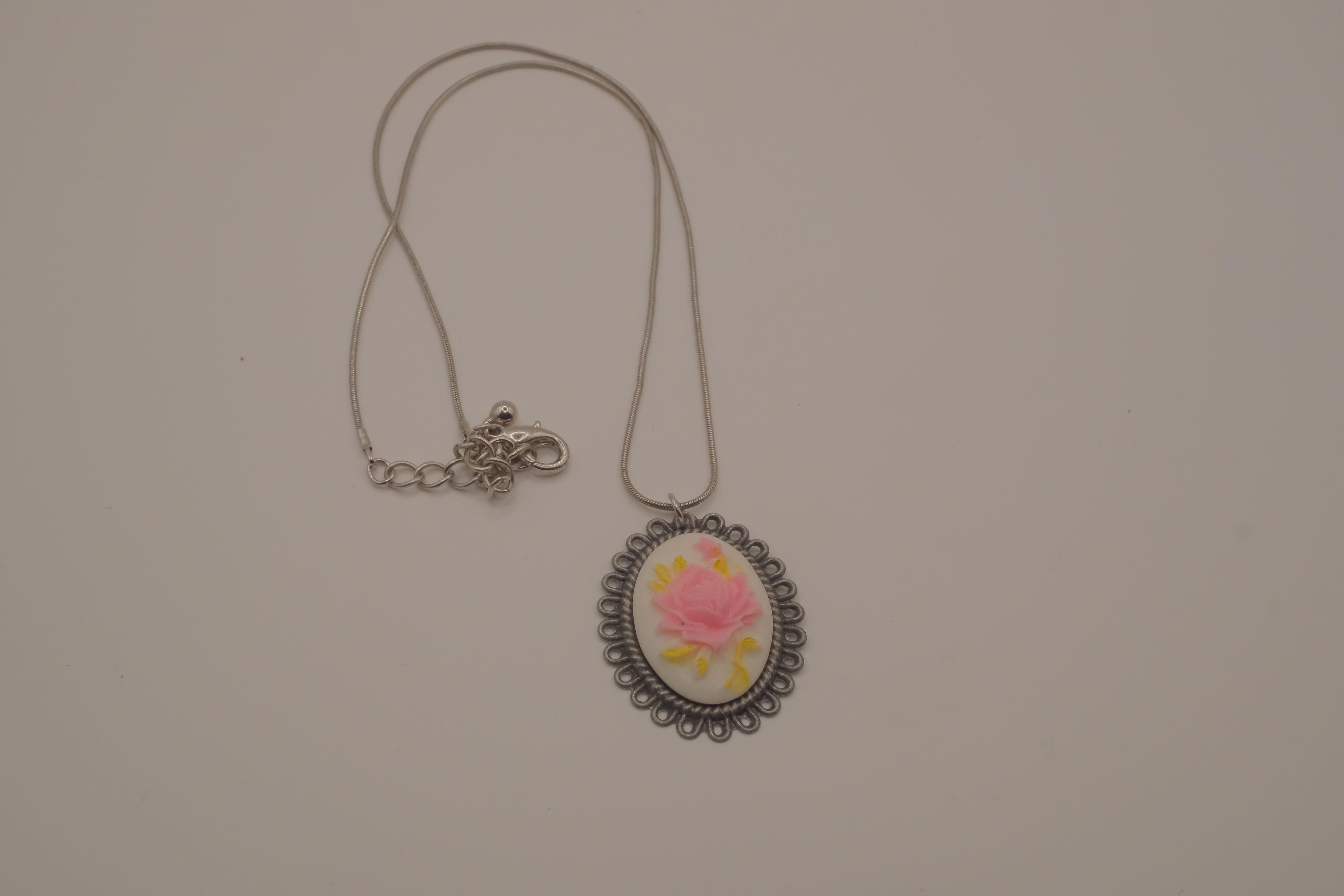 Vintage pink rose cameo necklace
