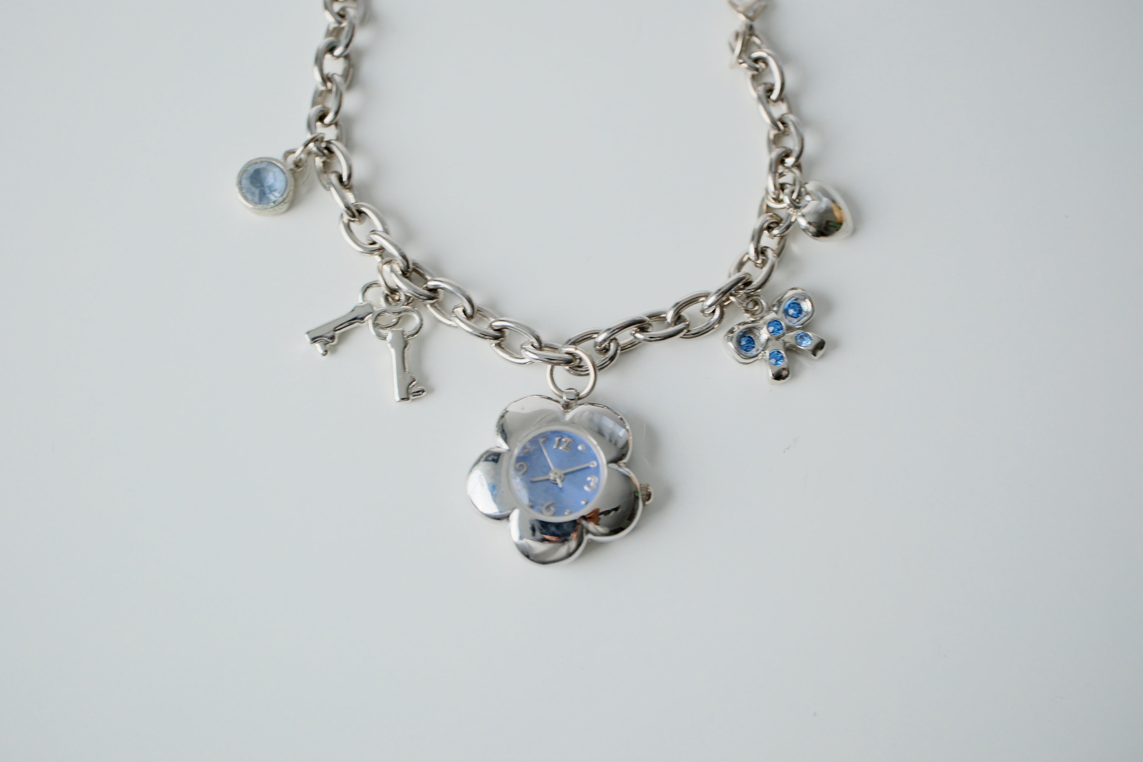 Vintage Silver and Blue Watch Charm Bracelet