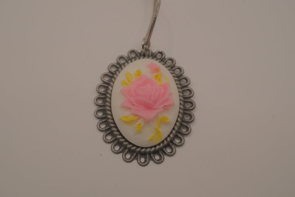 Vintage pink rose cameo necklace