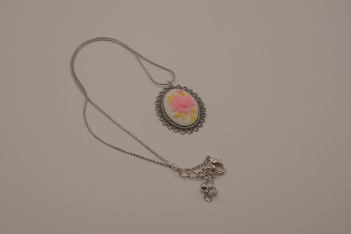Vintage pink rose cameo necklace