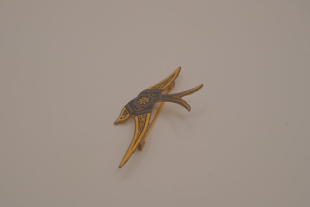 Vintage Damascene swallow bird brooch