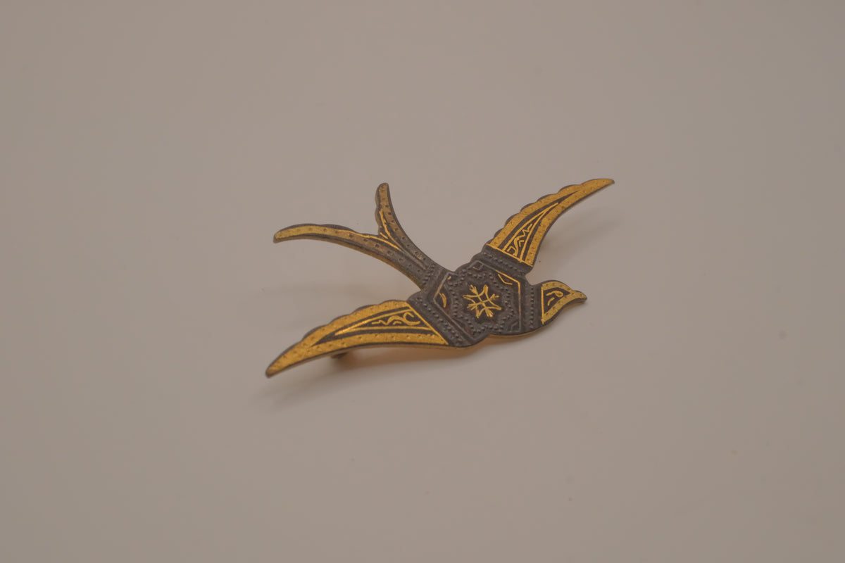 Vintage Damascene swallow bird brooch