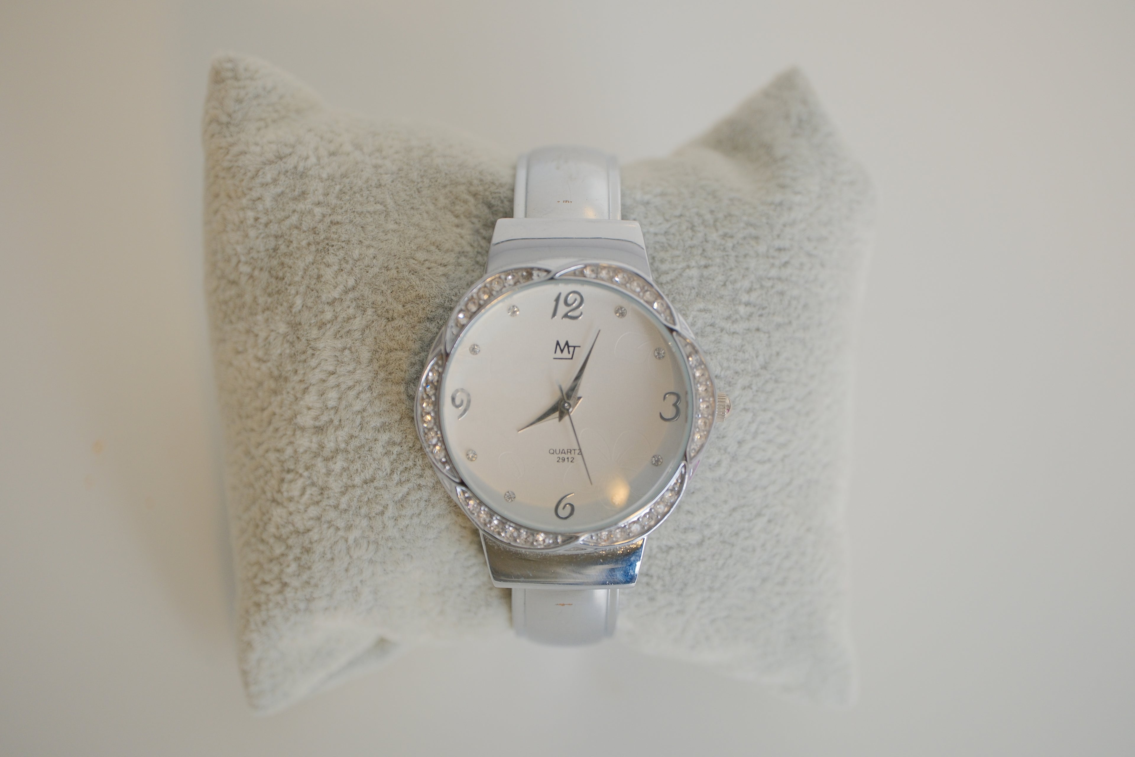MT Quartz Silver Cuff watch with crystal embellishments