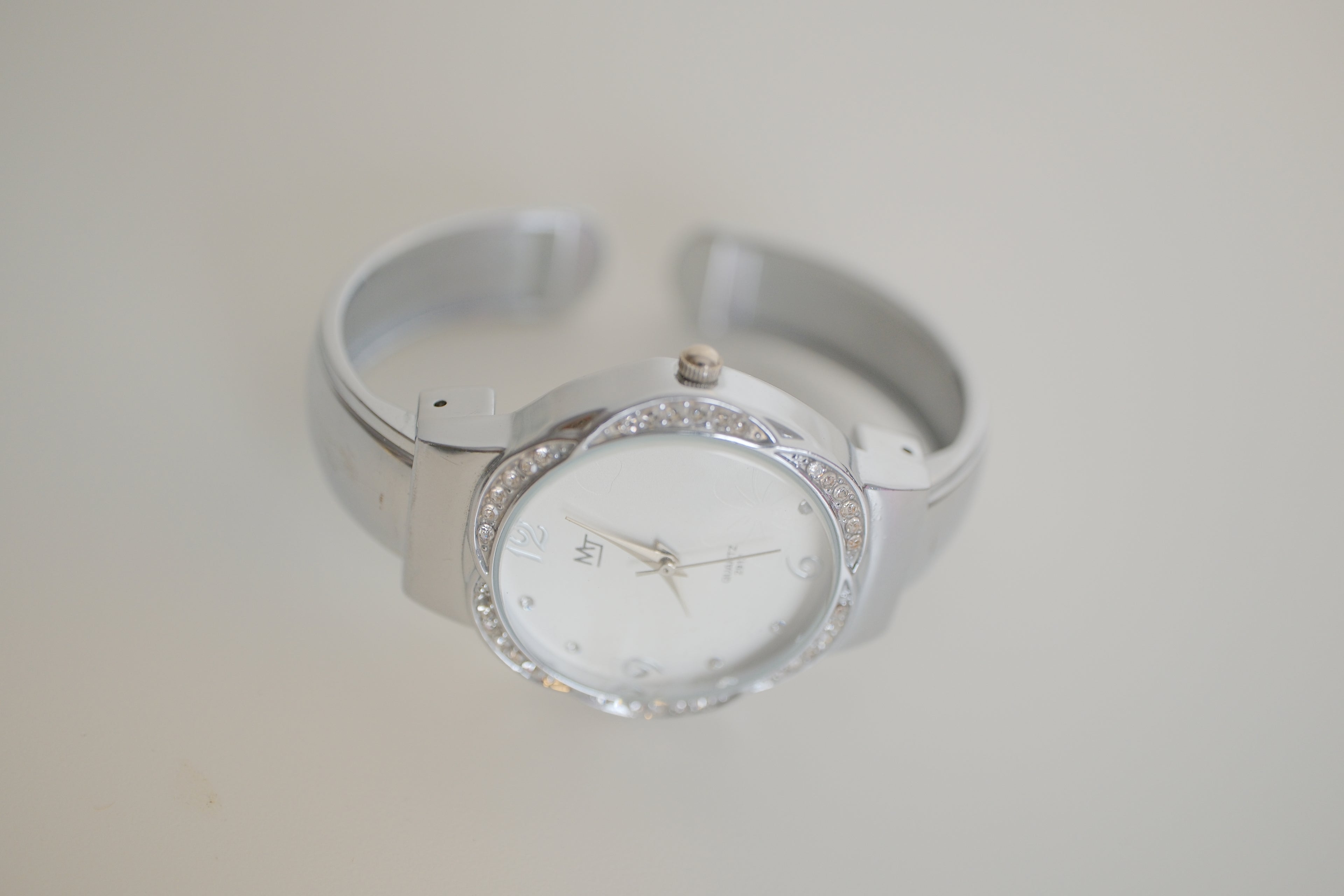 MT Quartz Silver Cuff watch with crystal embellishments