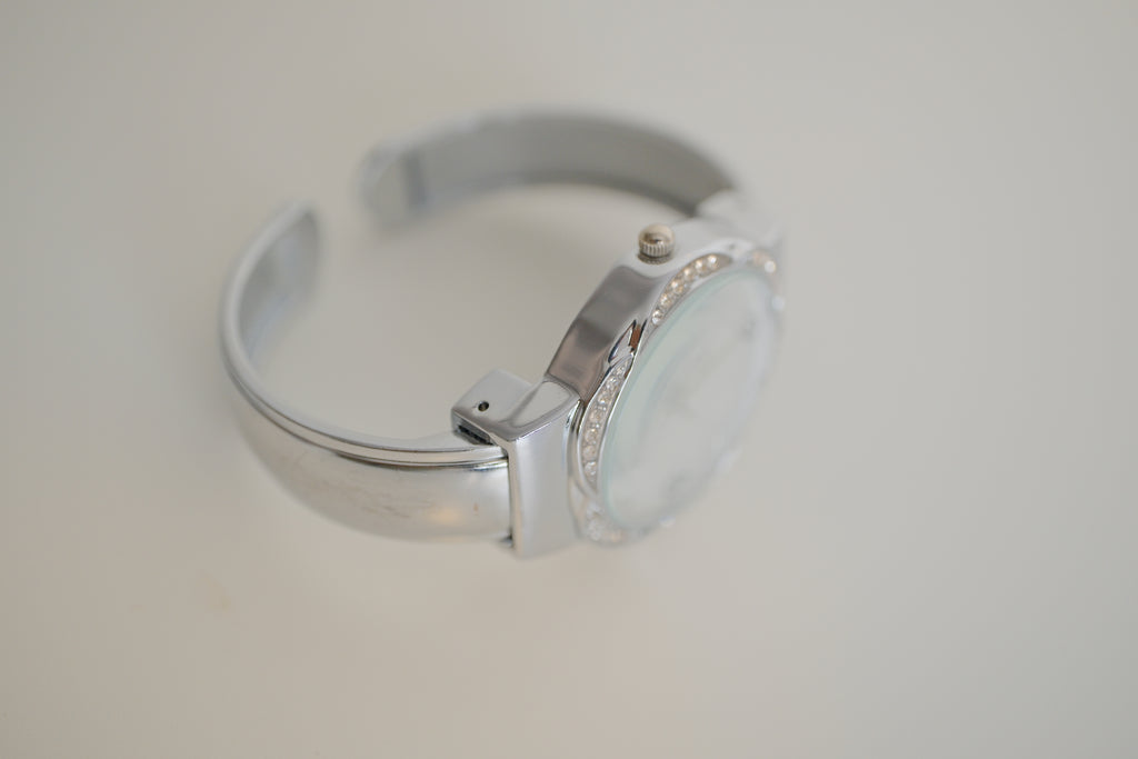 MT Quartz Silver Cuff watch with crystal embellishments