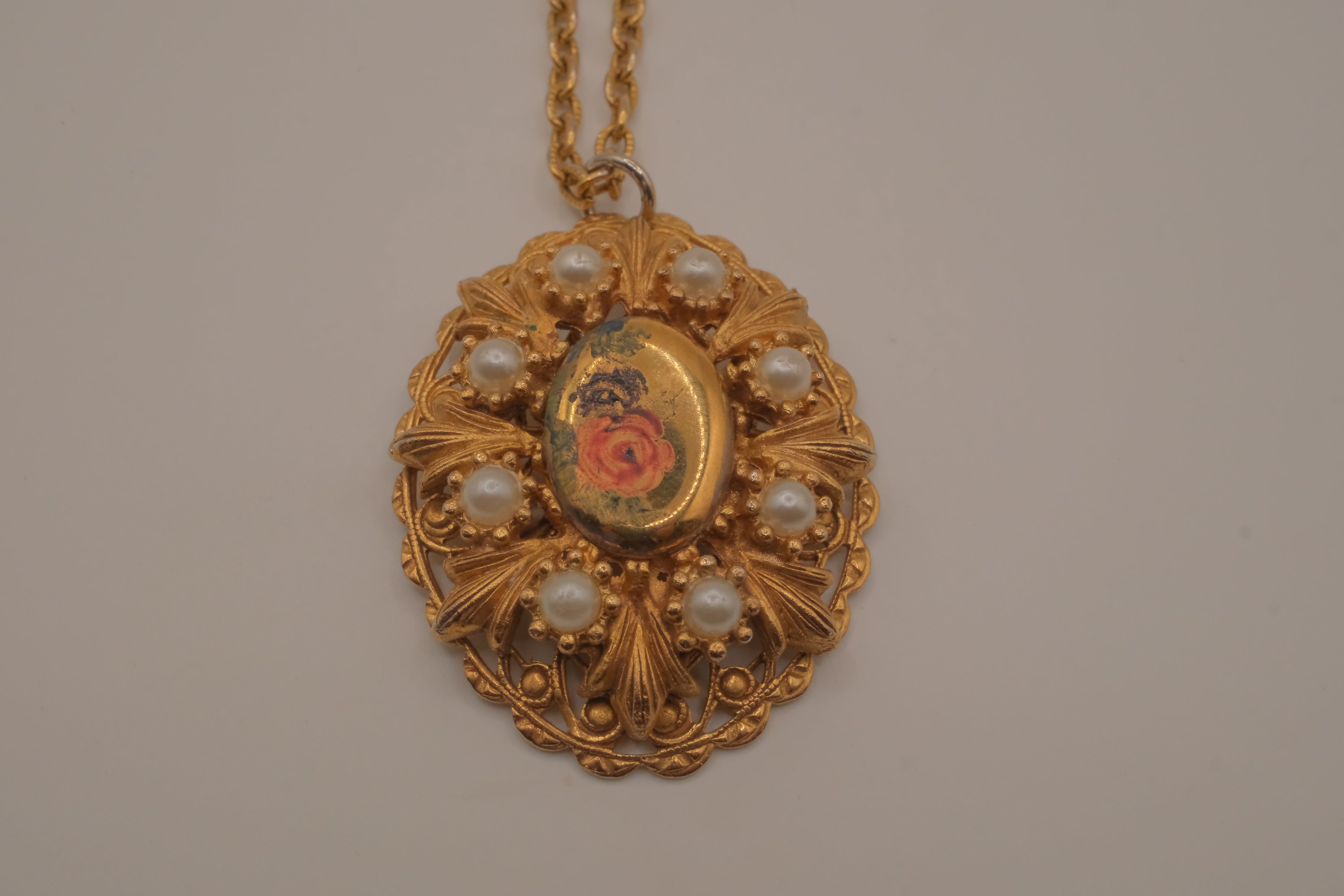 Vintage Victorian Revival style oval filigree pendant necklace