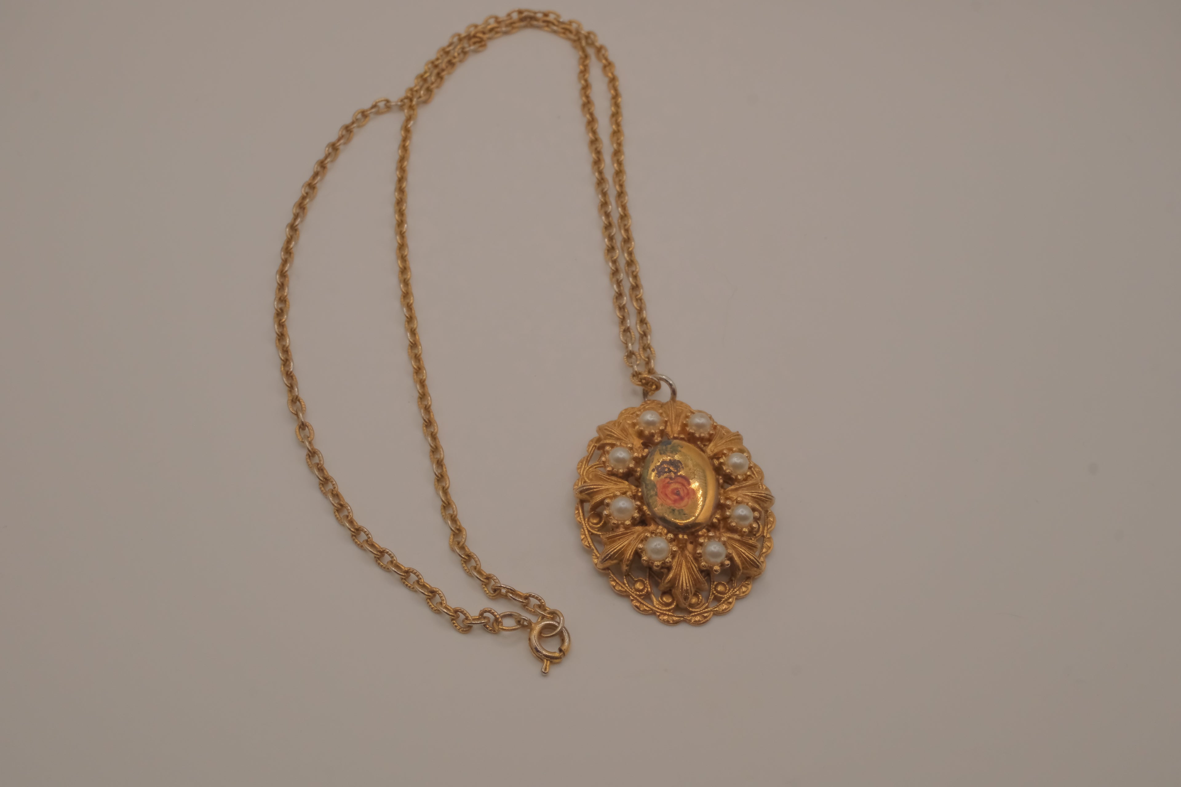 Vintage Victorian Revival style oval filigree pendant necklace