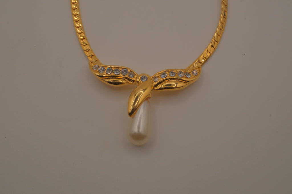 Gold-Tone Rhinestone and Faux Pearl Drop Necklace