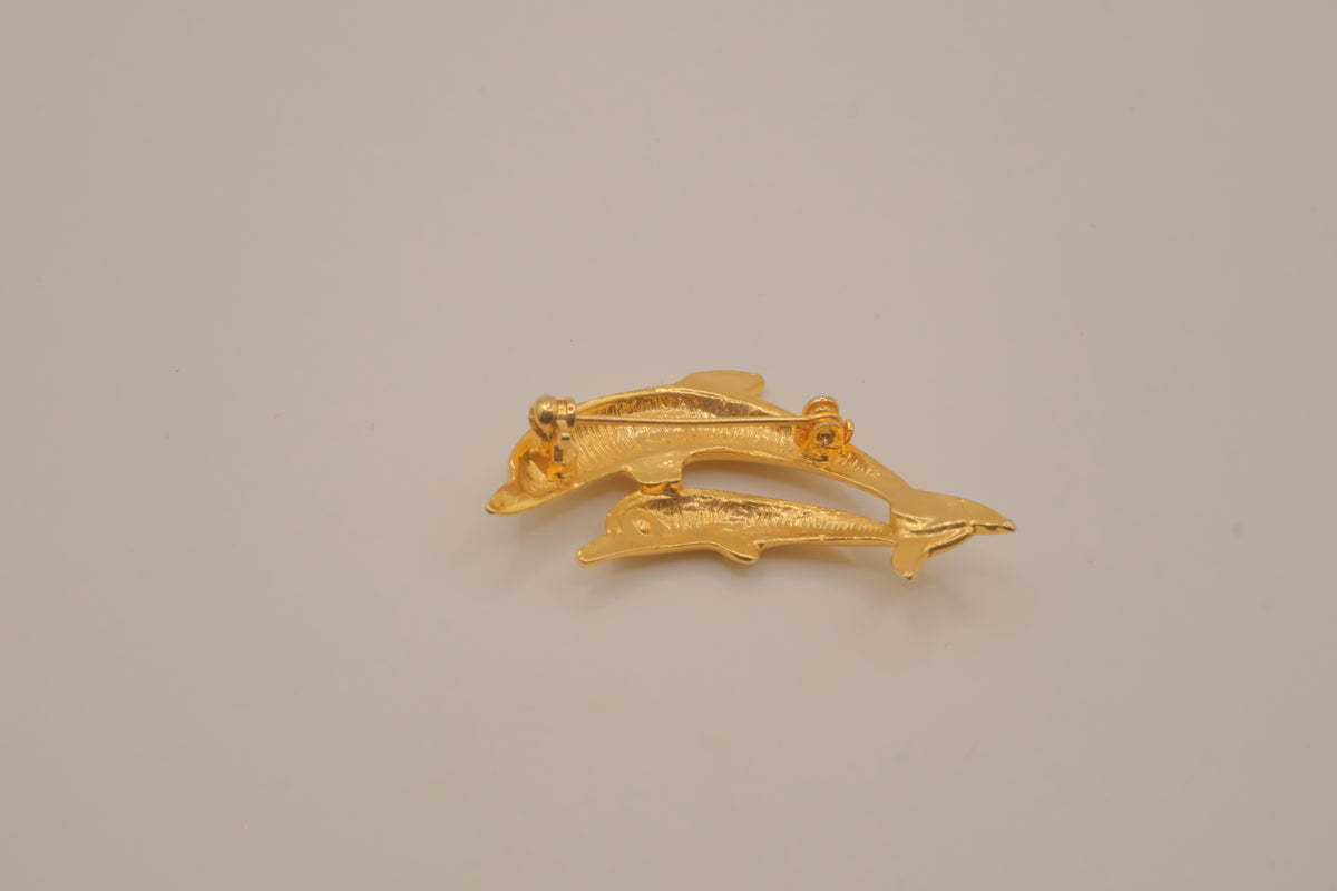 Gold-tone double dolphin brooch