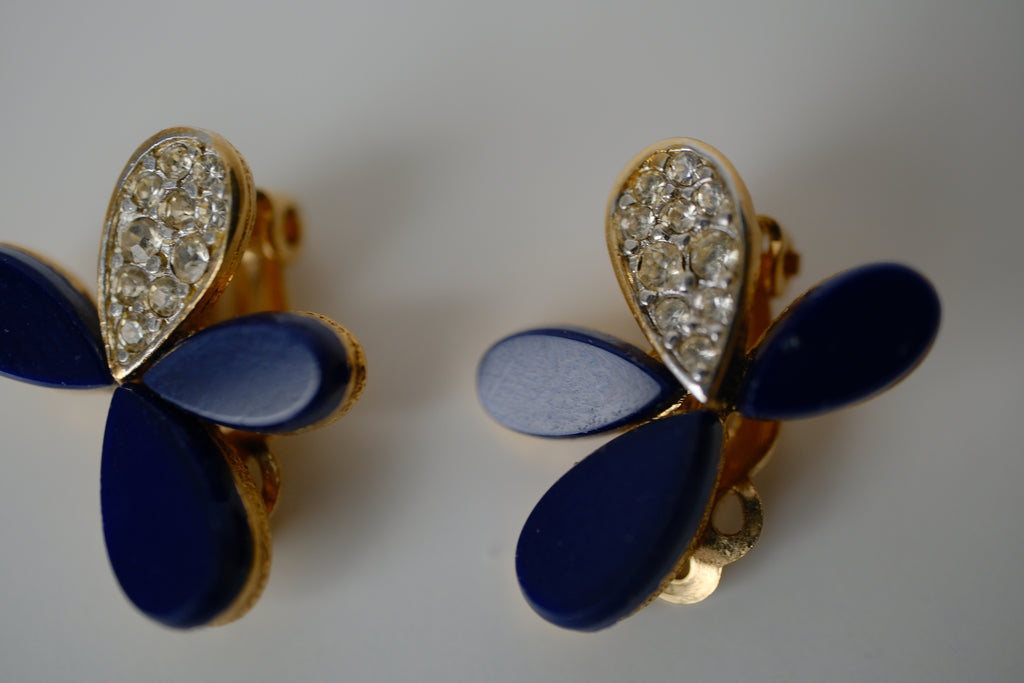 Vintage Blue enamel and crystal clip-on earrings