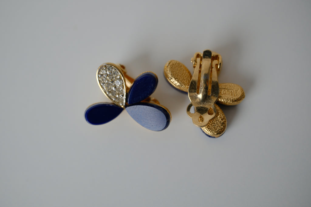 Vintage Blue enamel and crystal clip-on earrings