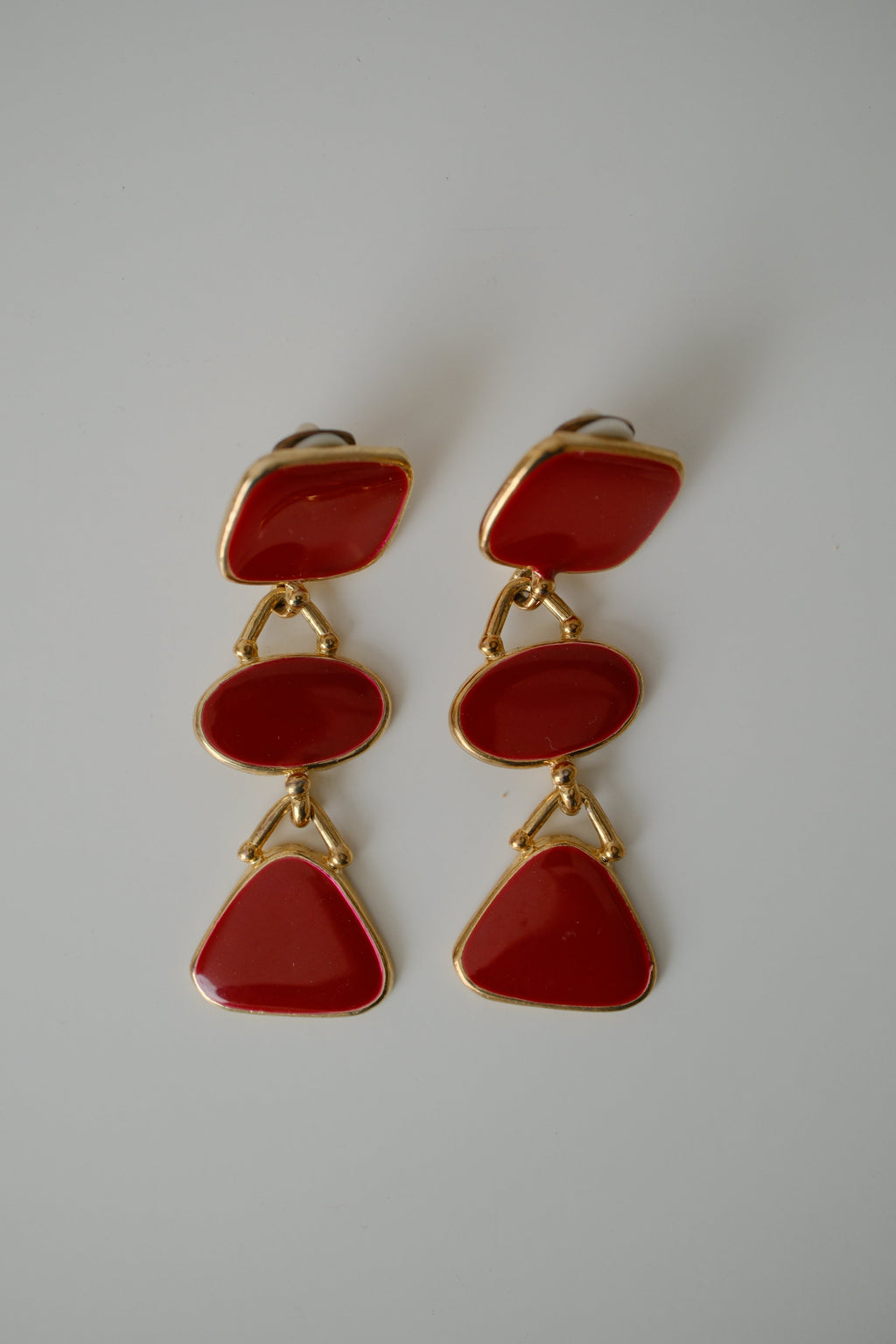 Vintage Red enamel Geometric dangle clip-on earrings