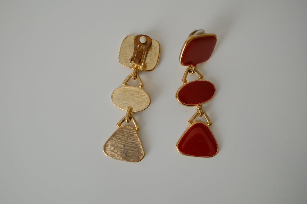 Vintage Red enamel Geometric dangle clip-on earrings