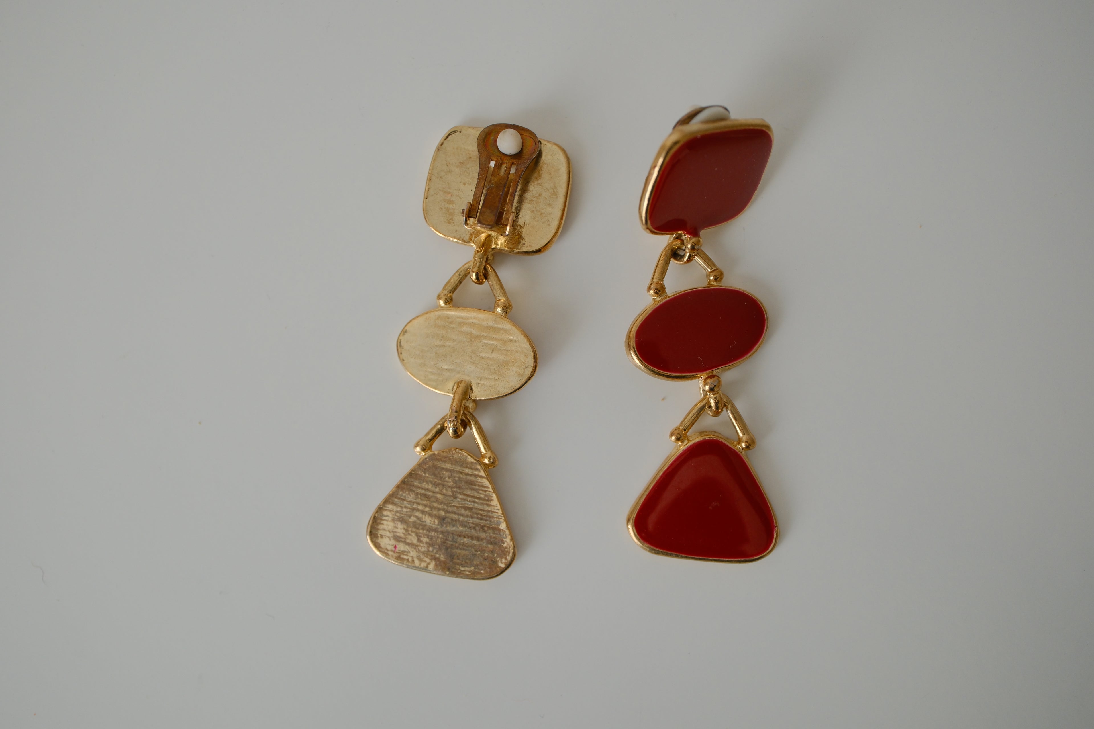 Vintage Red enamel Geometric dangle clip-on earrings