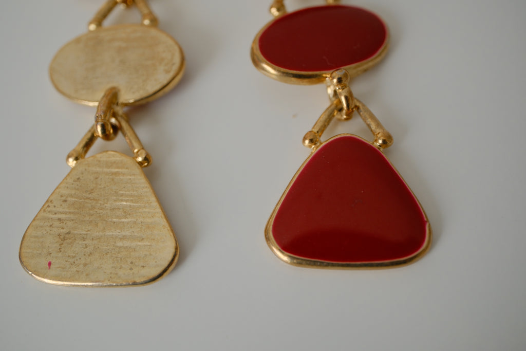 Vintage Red enamel Geometric dangle clip-on earrings