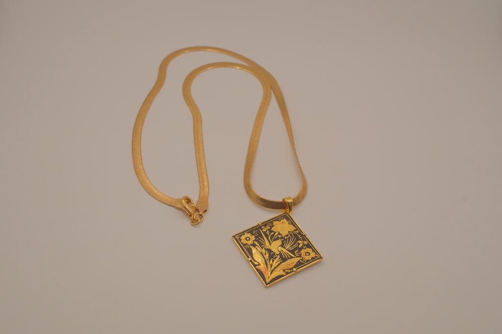 Vintage Bird and Floral Damascene pendant necklace