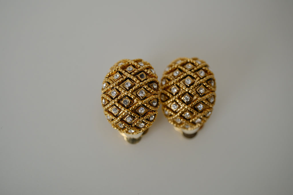 Vintage quilted rhinestone clip-on earrings